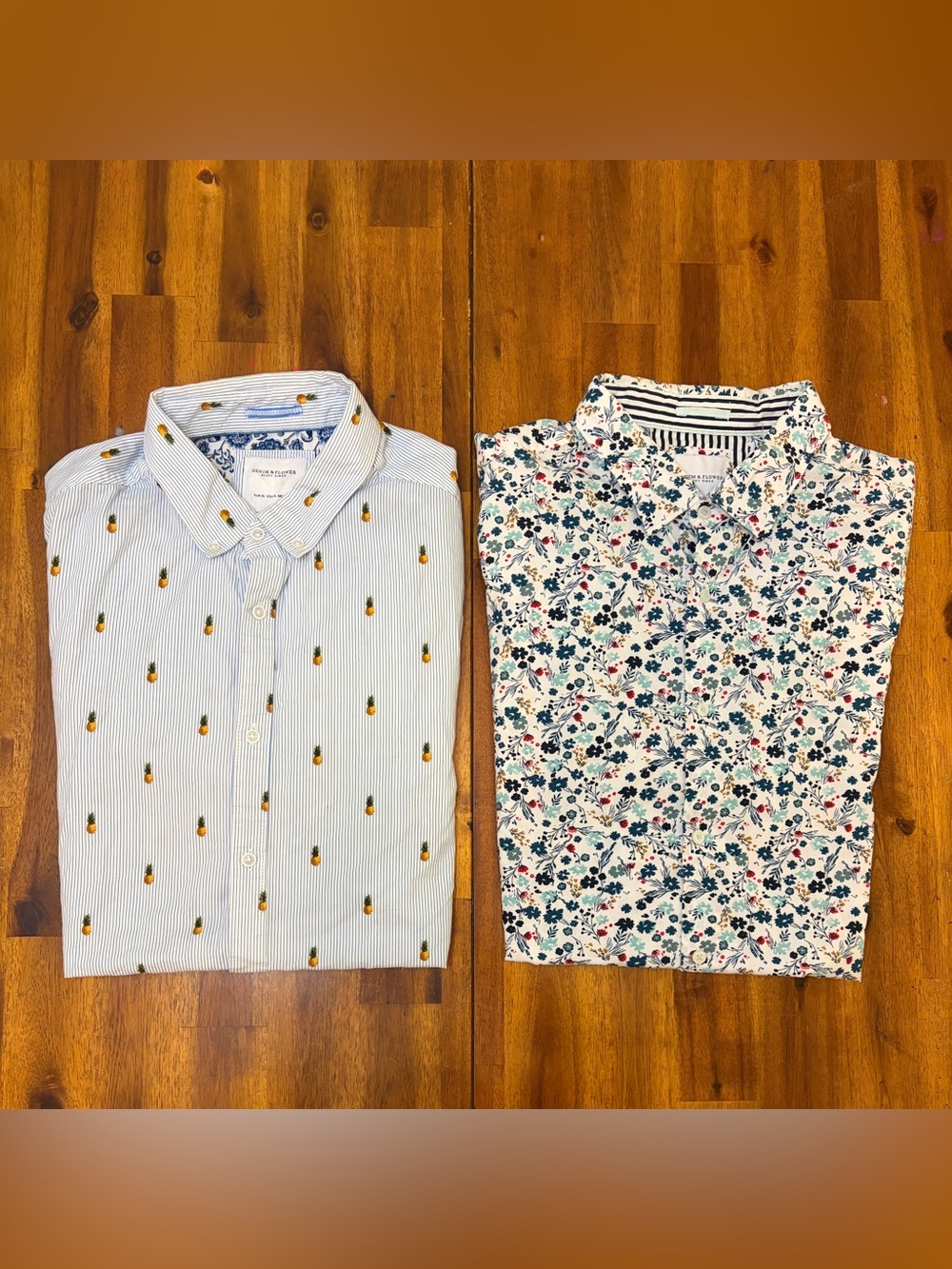 Denim & Flower Men Light Blue Pineapple Stripe & White Floral Button-Down Duo XL